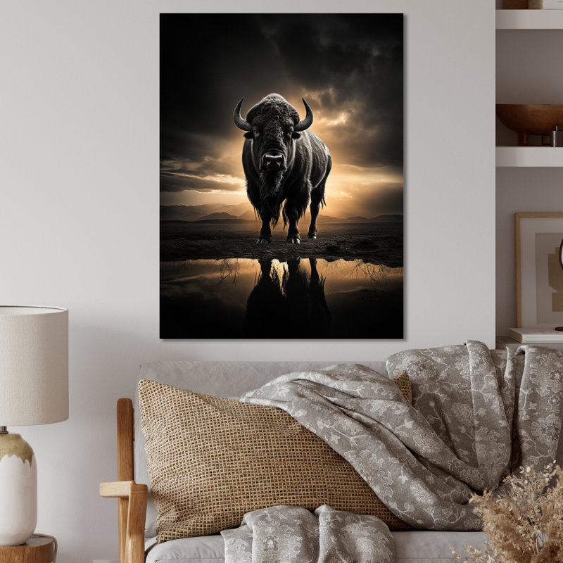 Noir et blanc Buffalo Silhouette Serenade II - animaux, art mural en métal, salon, H 32 po x l 16 po x P 1 po