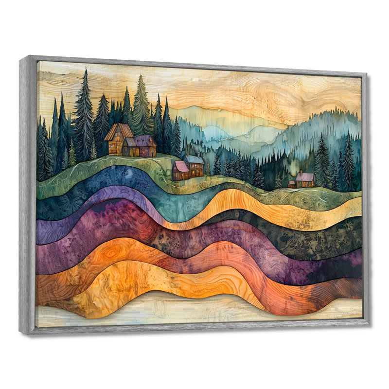 «Native Indian Village In A Forest Landscape I», art mural forêt, H 24 po x l 32 po, Floater Framed, Argent