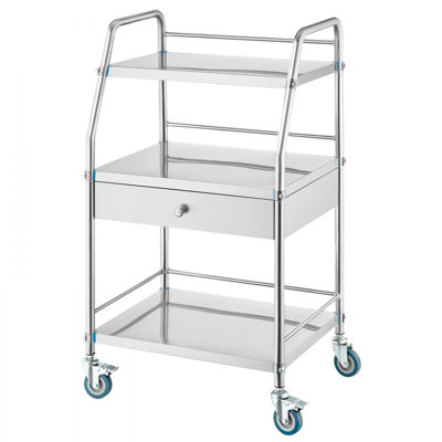 Service Cart, 3 Layers Stainless Steel Utility Rolling Cart with Drawer, Lockable Wheels, Ideal for Laboratory, Hospital, Dental Use