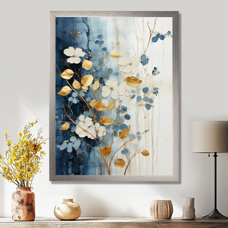 Beige et or, sérénité botanique minimaliste - plantes, art mural, Cadre simple argenté, H 20 po x l 12 po x P 1 po