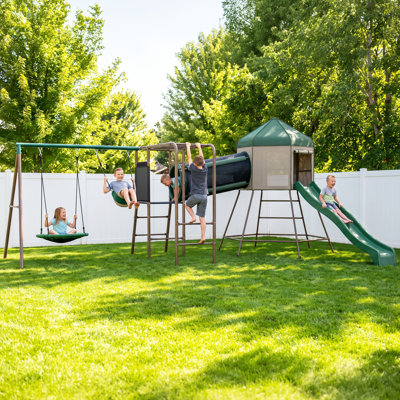 880 lb. Metal Swing Set with Treehouse Tent, 7 ft. Slide, Crawl Tunnel, Monkey Bars and 2 Swings for Kids Ages 3–12