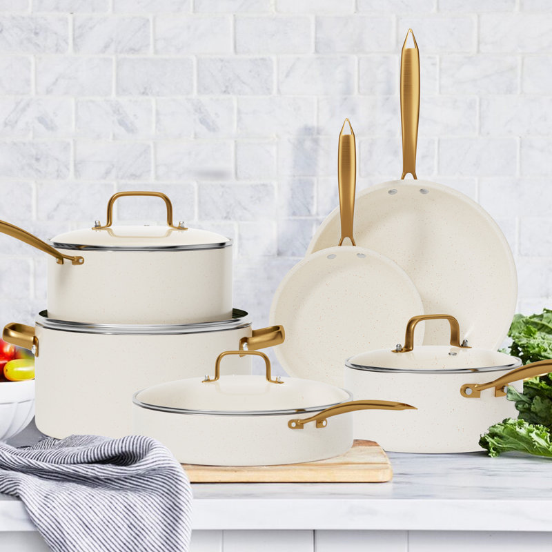 Batterie de cuisine en céramique antiadhésive allant au four 15 pièces, Beige