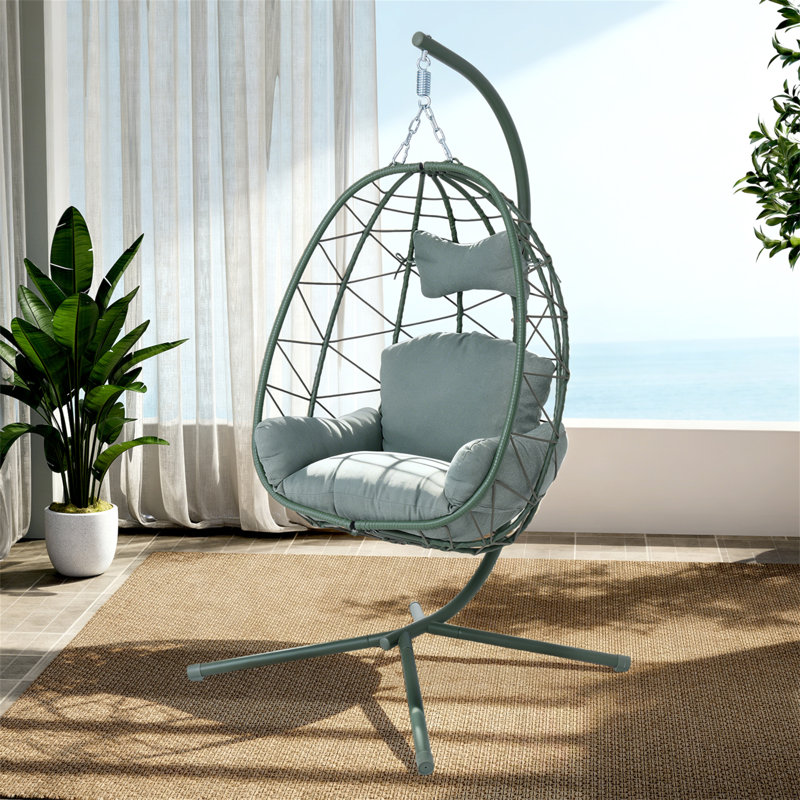 Fauteuil suspendu suspendu en osier avec support et coussin lavable pour patio, Gris, Gris