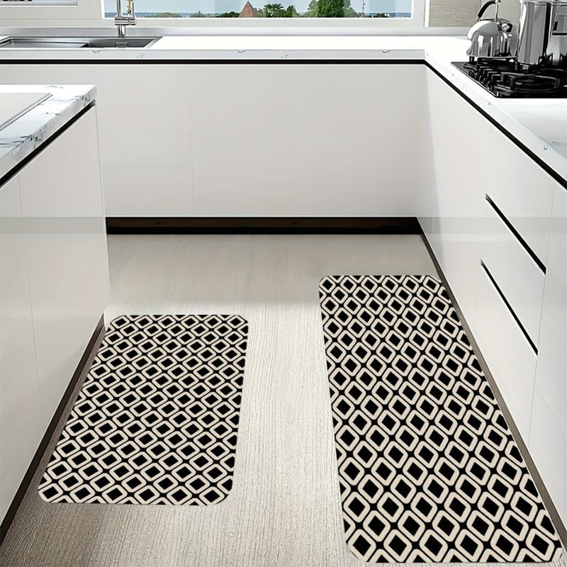 Black White Diamond Pattern Kitchen Laundry Room 2 PC Kitchen Mats Set