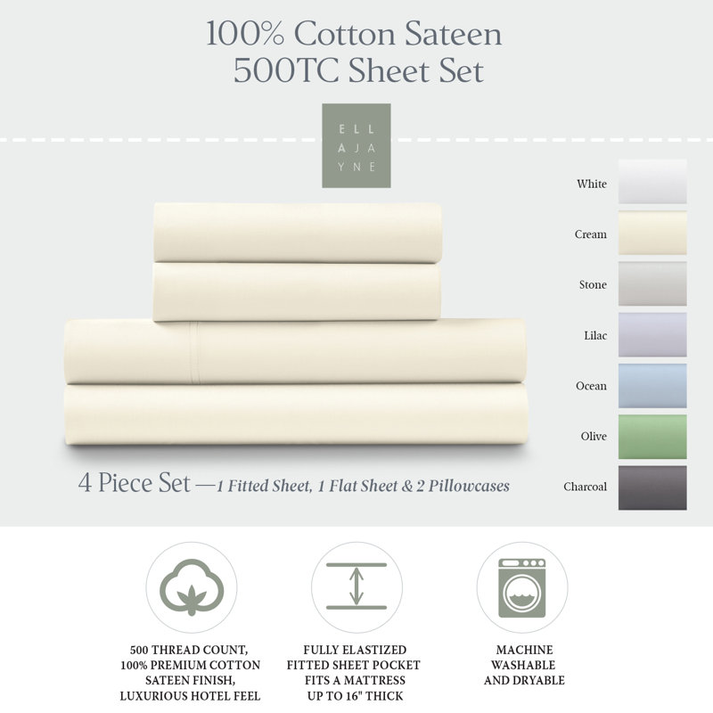  500 Thread 100% Cotton Sateen Sheet Set (4PC.), Cream, Queen