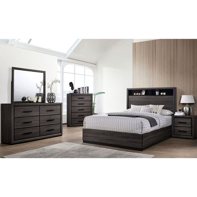 Armoire de chevet moderne grise, conception bicolore et bordure noire, table de chevet 2 pour chambre à coucher, garniture, 2 tiroirs, configuration simple