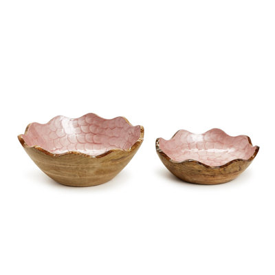 Set of 2 Shimmering Rose Hand-Crafted Scalloped Edge Mango Wood Bowls – 4.5"H Food-Safe Serving Bowl Set