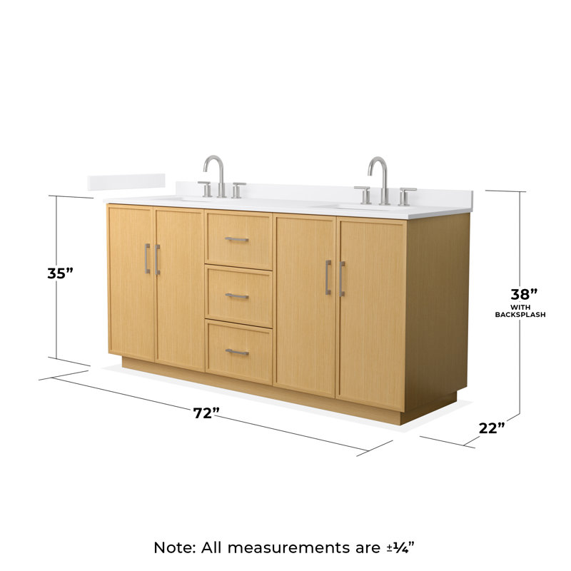 Ensemble de meuble-lavabo double 72 po avec patins en chêne clair Elan, comptoir en marbre de culture blanc, lavabos carrés encastrés (3 trous), garniture en nickel brossé