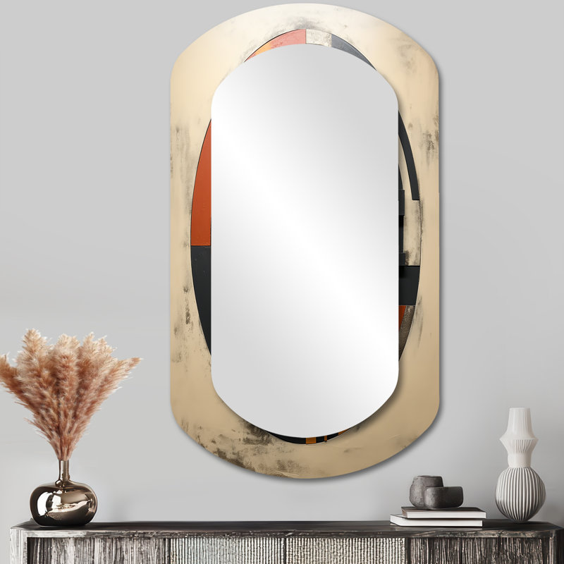Midcentury Geometric Abstract In Retro Orange - Midcentury Modern Asymmetrical Unique Mirror, Gold Cylinder Large Wall Mirror, Printed Metal Art