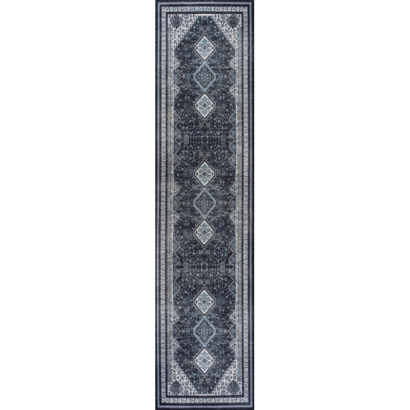 Dalyan Geometric Medallions Machine-Washable Navy/Light Gray Rug, Runner 2' x 8'