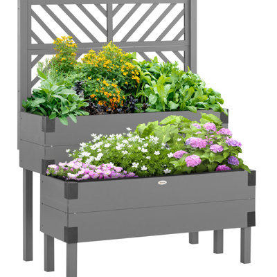 2 lits de jardin surélevés en bois avec treillis, gris - pour une floraison de légumes, de fleurs, de coins en métal et d'herbes, une boîte surélevée à 2 niveaux de saturation du sol et de beaux légumes, évitez l'engorgement