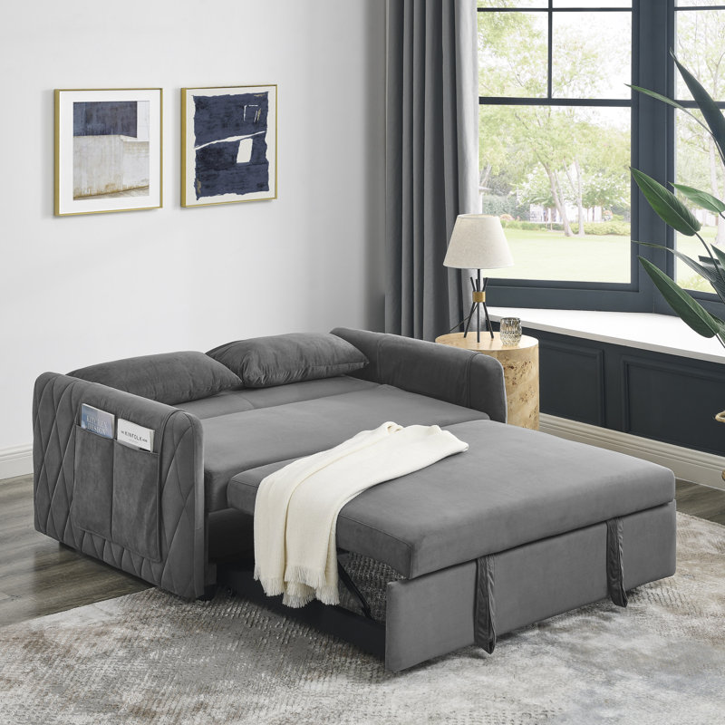 Canapé-lit convertible moderne de 55 po avec 2 poches pour accoudoirs amovibles, canapé-lit en velours avec lit escamotable, 2 coussins et dossier ajustables pour le salon, accoudoirs à motif quadrillé 