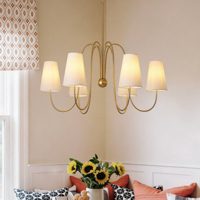 Lustre en laiton doré, luminaire suspendu antique de 39 po à 6 lumières avec abat-jour en tissu blanc pour le vestibule de la chambre à coucher du salon