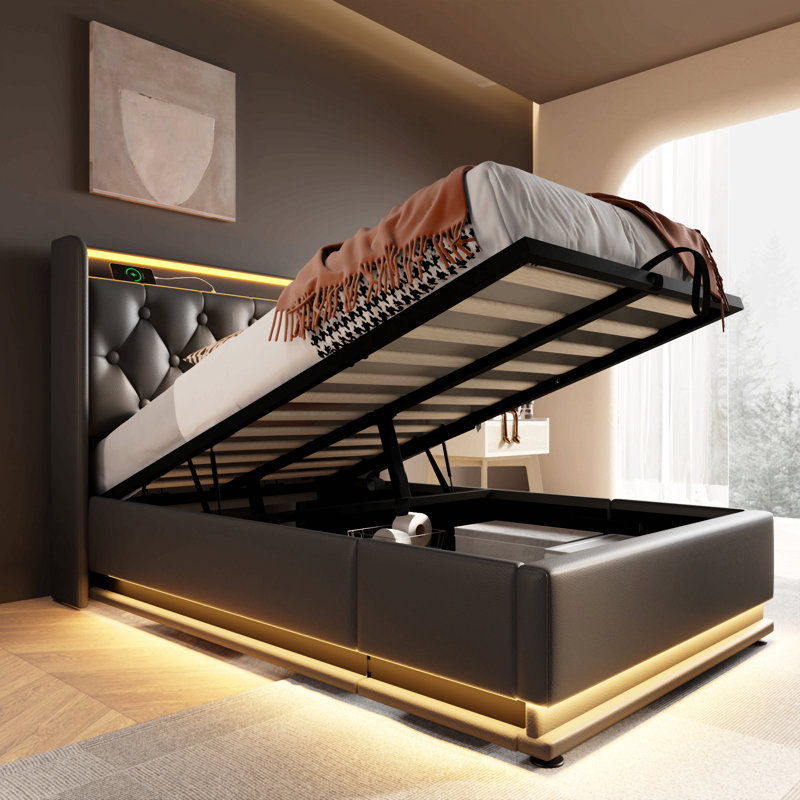 Lit tapissier, fonction DEL à 360 degrés, boutons / applications / télécommande, lit de rangement hydraulique avec chargement USB Type-C (sans matelas)