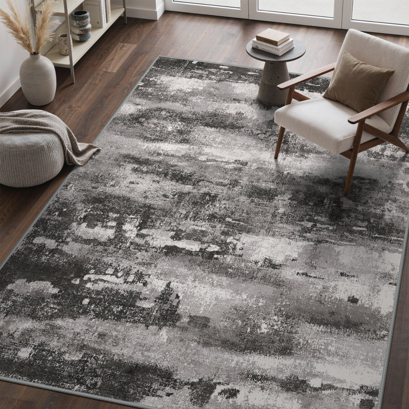Pavelina Black Modern Abstract Machine Washable Indoor Area Rug with Non-Slip Backing, Rectangle 5' x 7'