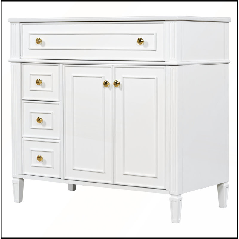 Meuble-lavabo de 36 po avec lavabo, armoire en bois massif blanc, tiroir rabattable, 3 tiroirs, 2 portes à fermeture en douceur, poignées dorées, design moderne, deux ensembles