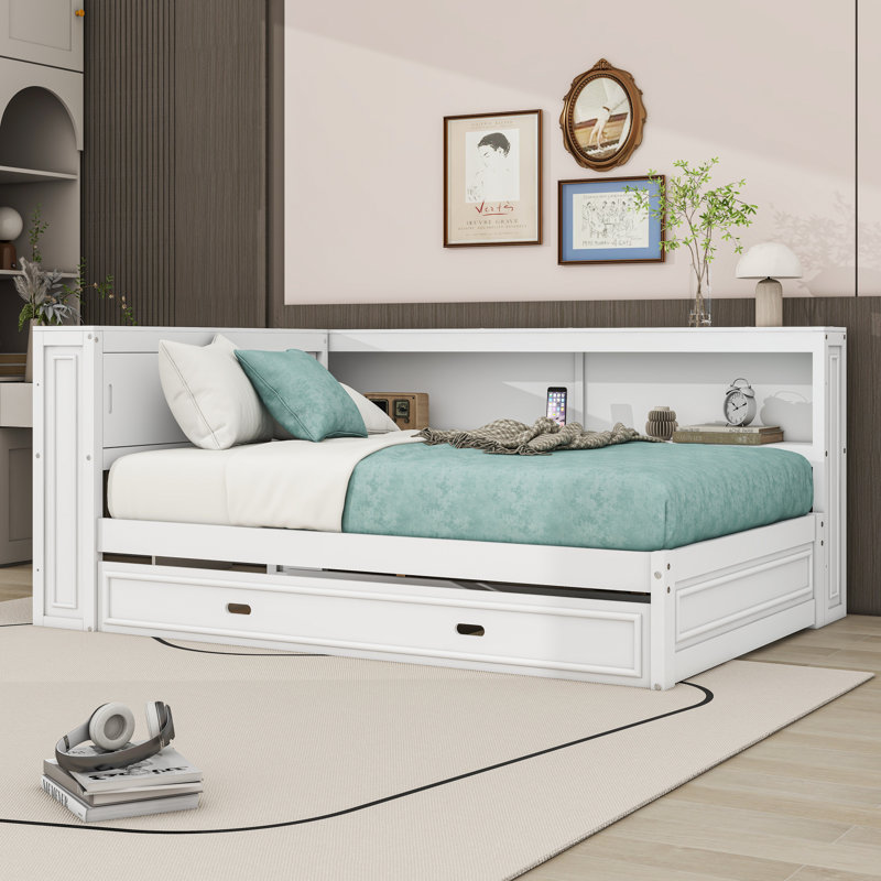 Lit de jour double en bois avec DEL, USB, tablettes de rangement et lit gigogne simple, Blanc