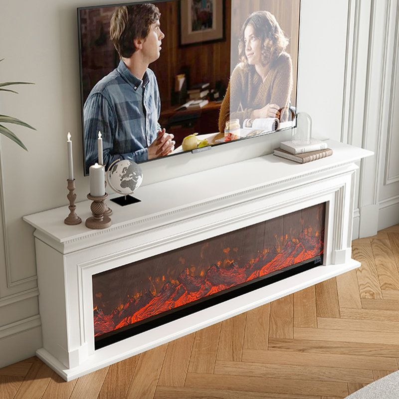 White Solid Wood TV Cabinet Fireplace, White