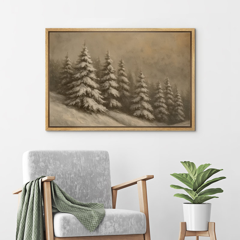 «Snowy Evergreen Forest Mountain Slope», reproduction d'art sur toile encadrée dans la chambre principale, Naturel