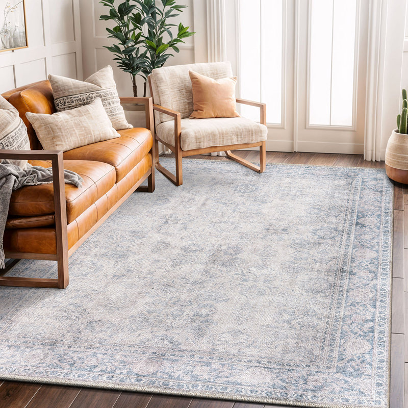 Tapis bleu lavable à la machine Kromer, Rectangle 7 pi 7 po x 9 pi 6 po