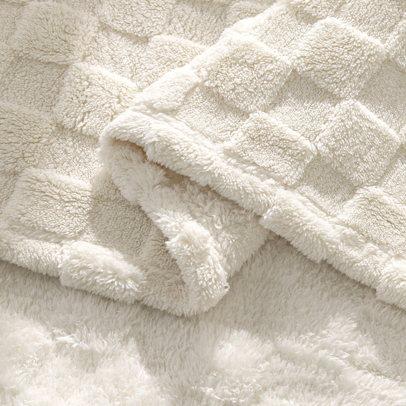 Jeté en molleton doux et confortable 400 g / m² pour canapé, salon et chambre à coucher, Beige / Blanc, Lit simple
