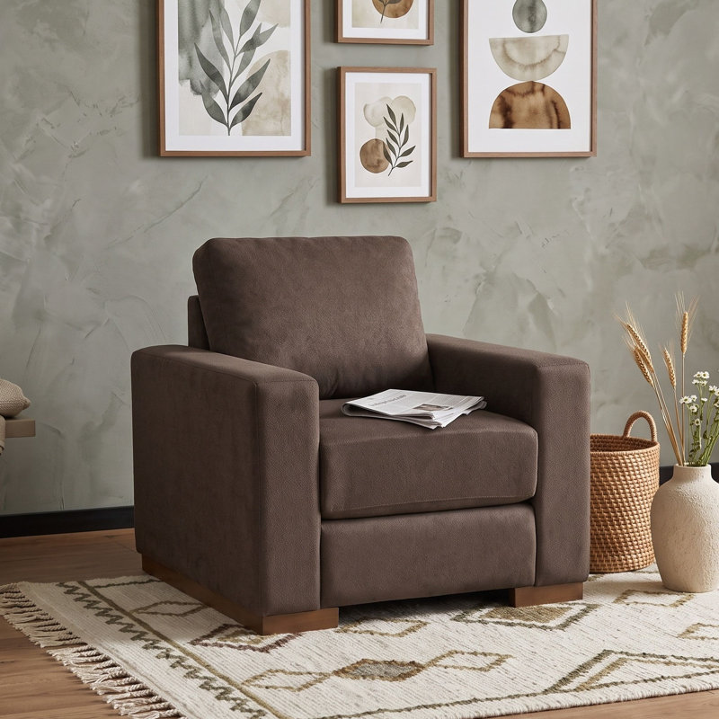 Fauteuil rembourré avec piètement en bois, Brun