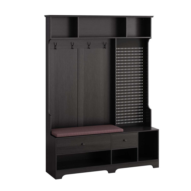 Multi-purpose Hallway Hall Tree with Removable Linen Cushioned Entryway Bench, Coat Rack, Storage Shelves, and DIY Pegboard,for Hallways, Living Room