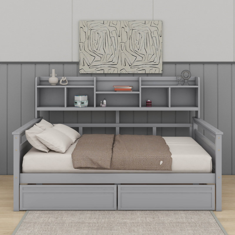 Lit de jour double, support en lattes de bois, avec tablette de chevet et deux tiroirs, Gris, Lit double