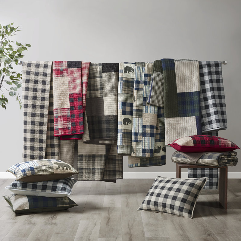 Full Brown Cotton Reversible Quilt Set with Plaid Stripes