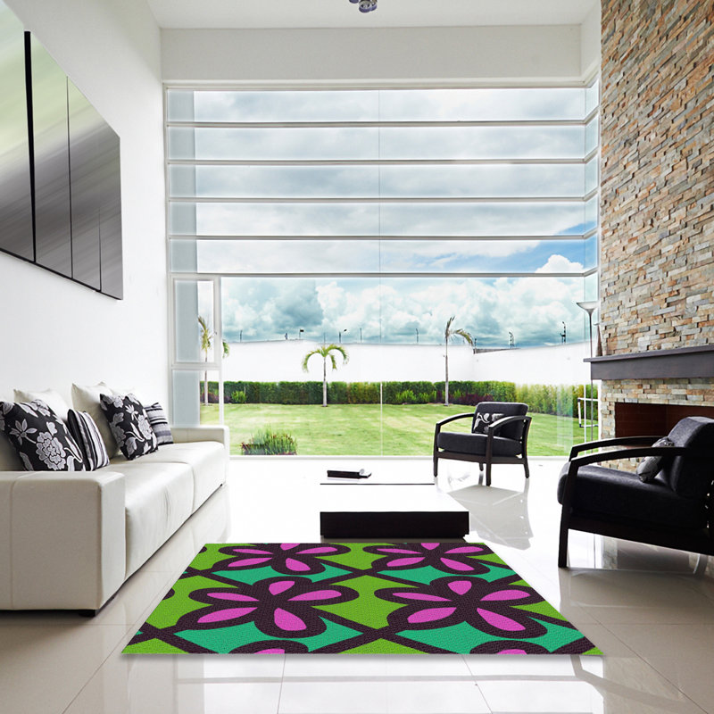 Tapis vert/rose/bleu à motif, Carré 5 pi