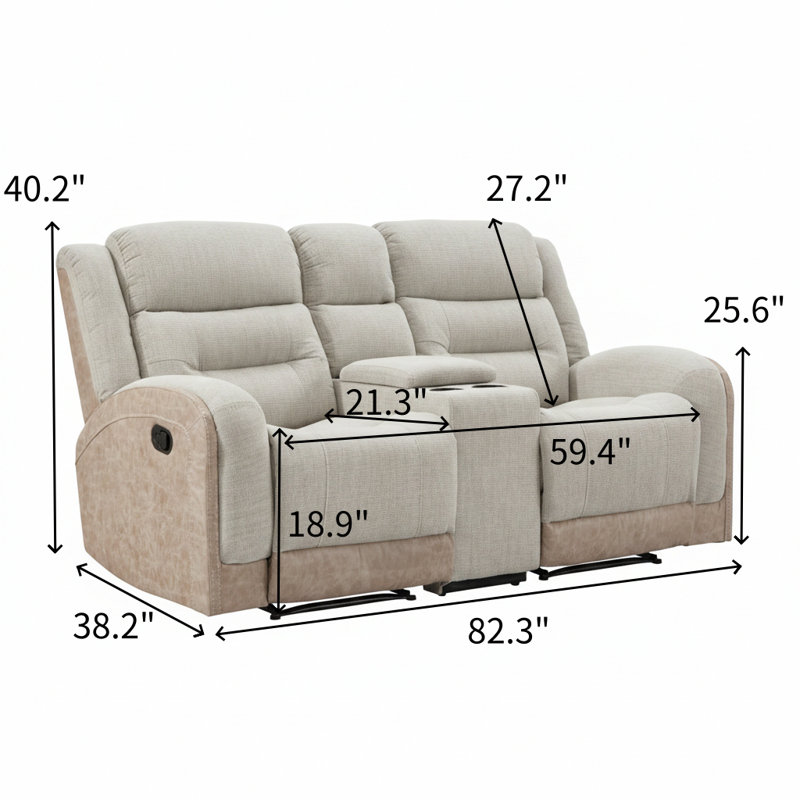 82.3" Wide Modern Elegant Leather Match Fabric Manual Reclining Loveseat Sofa with Central Console