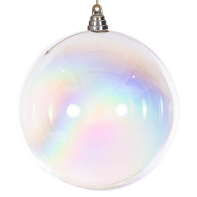 Boule irisée de 8 po. Cet ornement iridescent brille d'une finition brillante et ajoute une touche d'élégance à tout décor des Fêtes. Il est semi-transparent. Le fil est fixé pour faciliter la décoration. Fabriqué en plastique incassable.