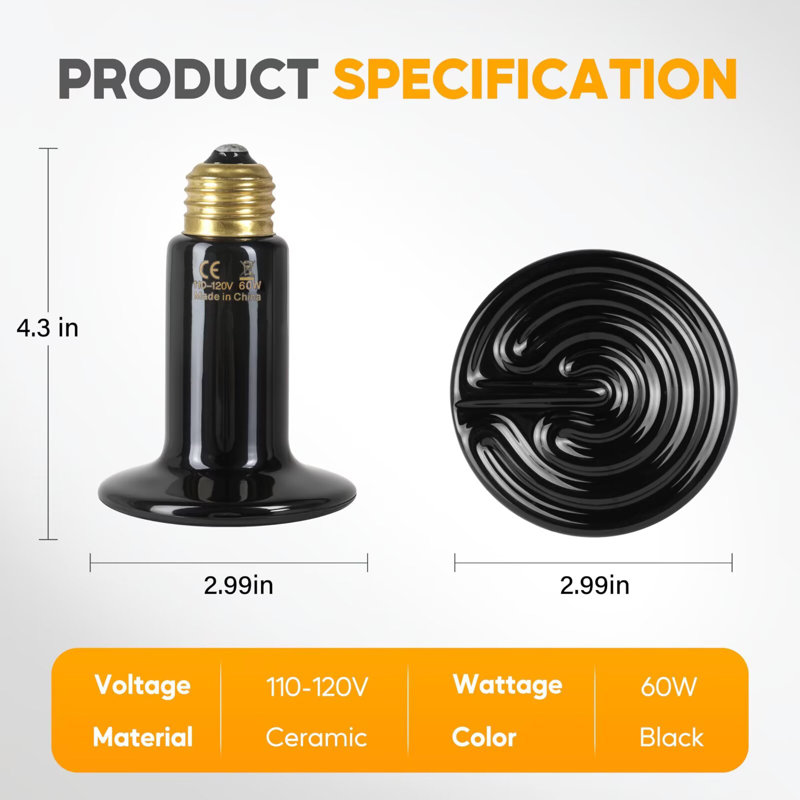 Chaufferette de luxe simple en céramique 60W avec ampoule pour reptile et émulsion de poules pour animaux de compagnie et poulets en incubation, paquet de 2