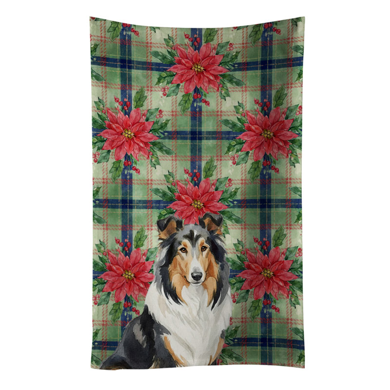 Tricolor Collie Christmas PoinsettIas Kitchen Towel, Black/White/Brown Collie