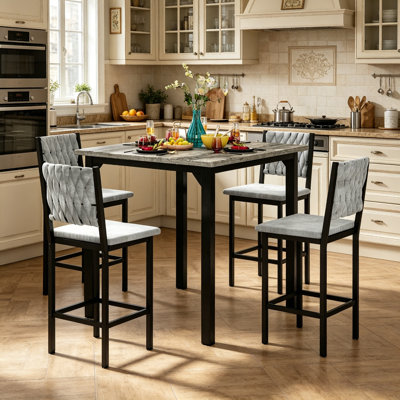 Ensemble de table de salle à manger 5 pièces avec table à hauteur de comptoir et 4 tabourets de bar, ensemble de salle à manger de cuisine moderne en faux marbre avec chaises rembourrées, ensemble de salle à manger compact pour petits espaces