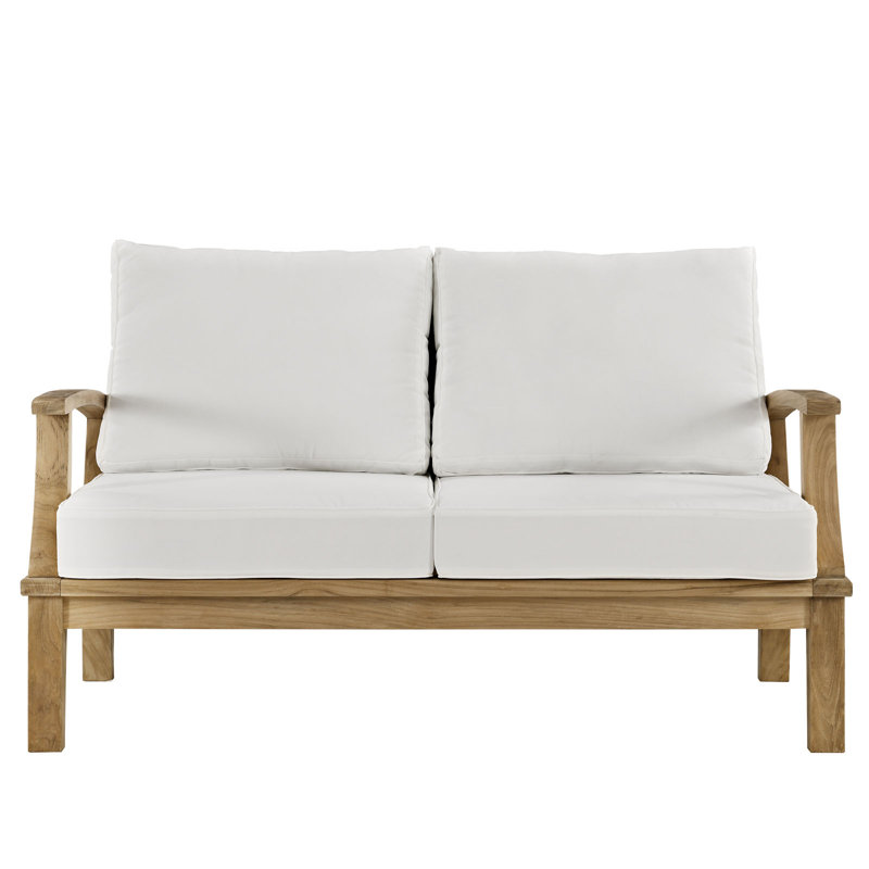 Natural Teak Wood Patio Loveseat with White Cushions
