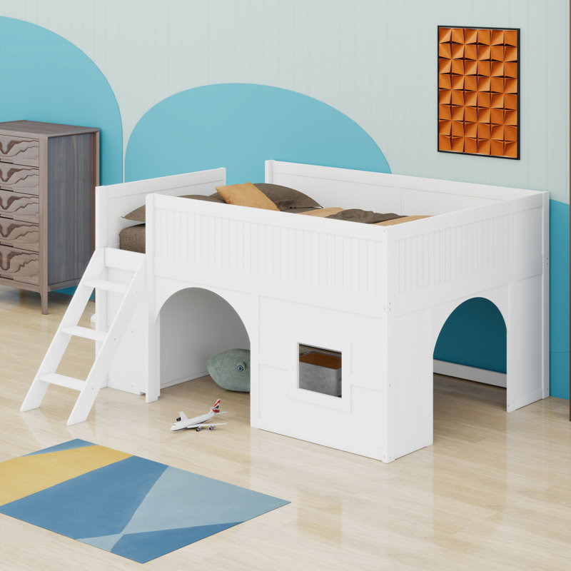 Wooden Low Loft Bed With Storage Shelves And Slide,Door And Window Design, White