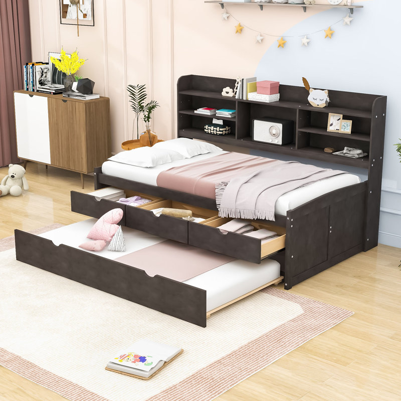 Lit plateforme simple avec rangement Dewolf, Brun antique