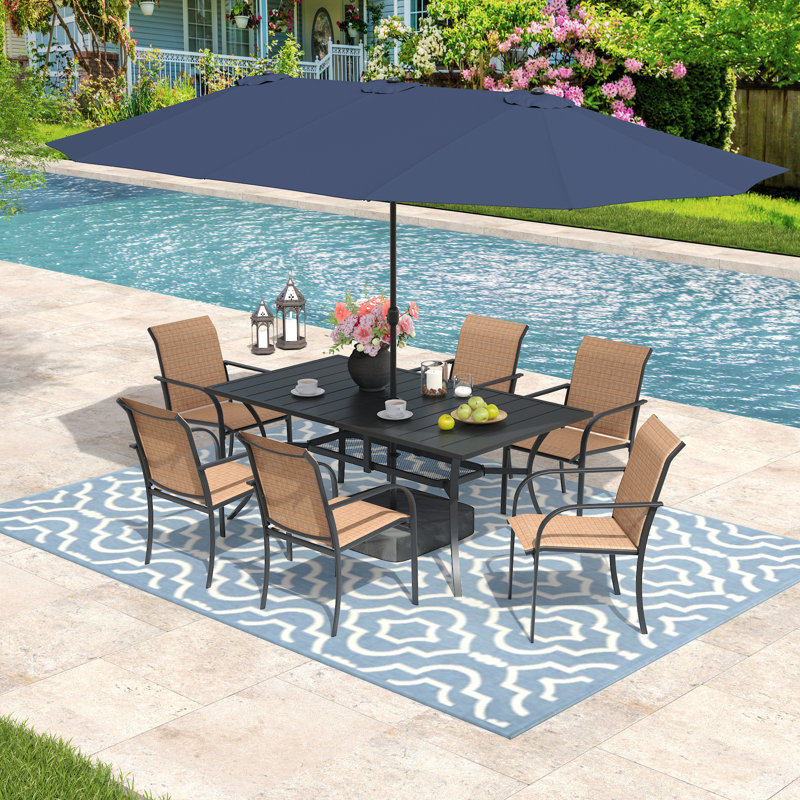 Outdoor Rectangular 6-Person Dining Set With Umbrella & Stackable Textilene Chairs, Brown/Blue