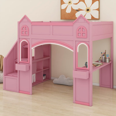 Castle Shaped Wooden Loft Bed with Storage Stairs, Desk, Window Design, Shelves and LED Lighting