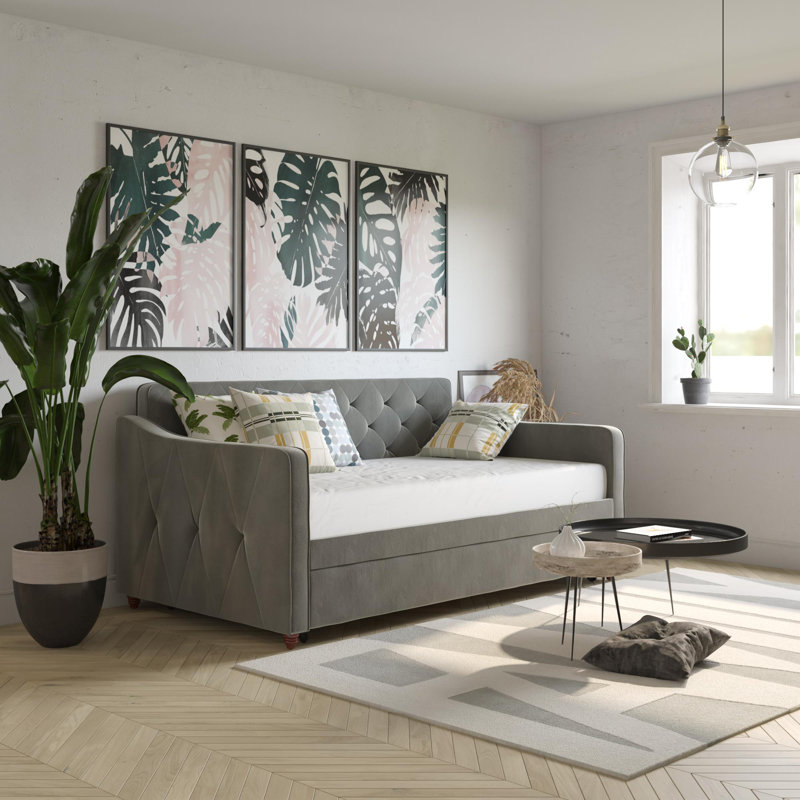 Twin Gray Velvet Upholstered Daybed with Tufted Backrest