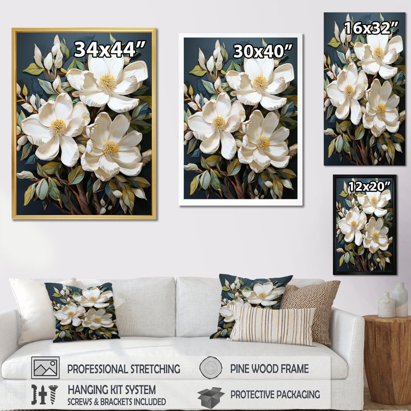 Blanc blanc jaune Magnolias - Patchwork de magnolia encadré, Cadre flottant noir, H 32 po x l 24 po x P 1 po