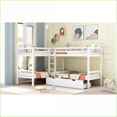Twin-Over-Twin L-Shaped Bunk Bed with Drawers, Solid Pine Wood Frame, No Box Spring Needed, Gray Finish for Guest Rooms &amp; Sleepovers