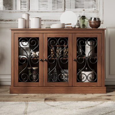 Buffet, l 46,5 po x P 11,75 po x H 31,25 po, 1 pièce, buffet, noyer, avec 3 portes décoratives en métal