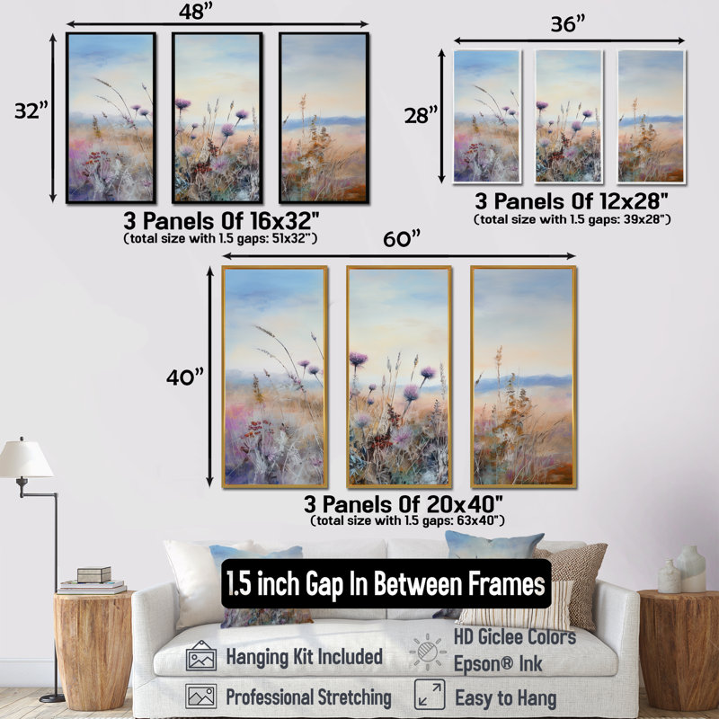 Ensemble de décoration murale chardon mauve, Cadre flottant doré, H 28 po x l 36 po x P 1 po