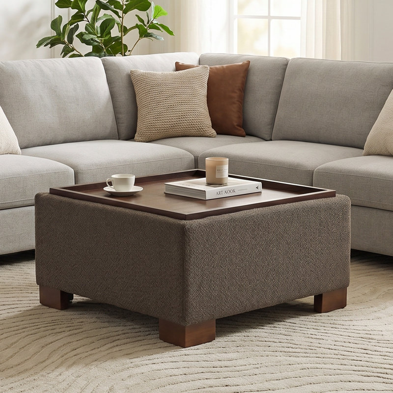 Repose-pieds de rangement l 29,1 po avec plateau en bois, Bouclette brune, H 15,4 po x l 29,1 po x P 29,1 po