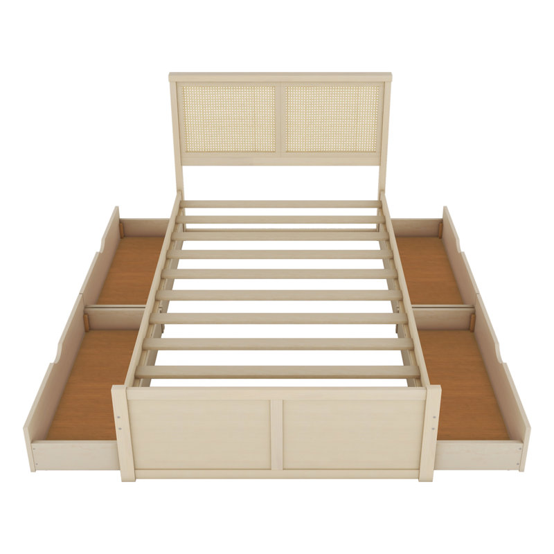 Lit plateforme avec rangement en bois avec 4 tiroirs, Naturel antique, Lit double