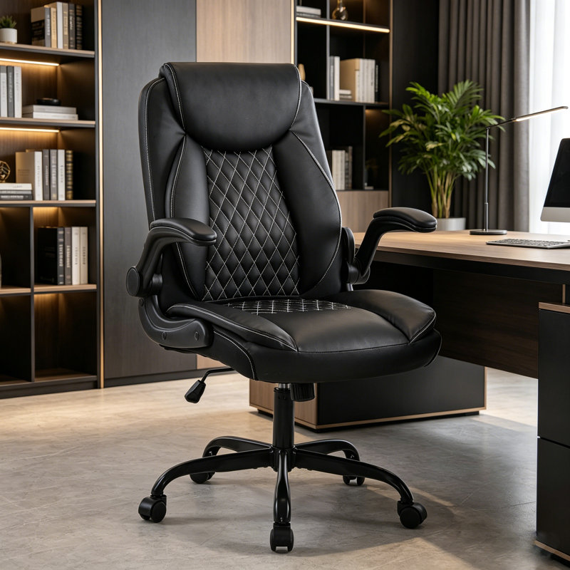 Leather Office Ergonomic Home Office Desk Chair, Back Support Swivel Executive Office Chair with Wheels and Flip-Up Armrests, Small Gaming Chair with Adjustable Rocking Function, Black
