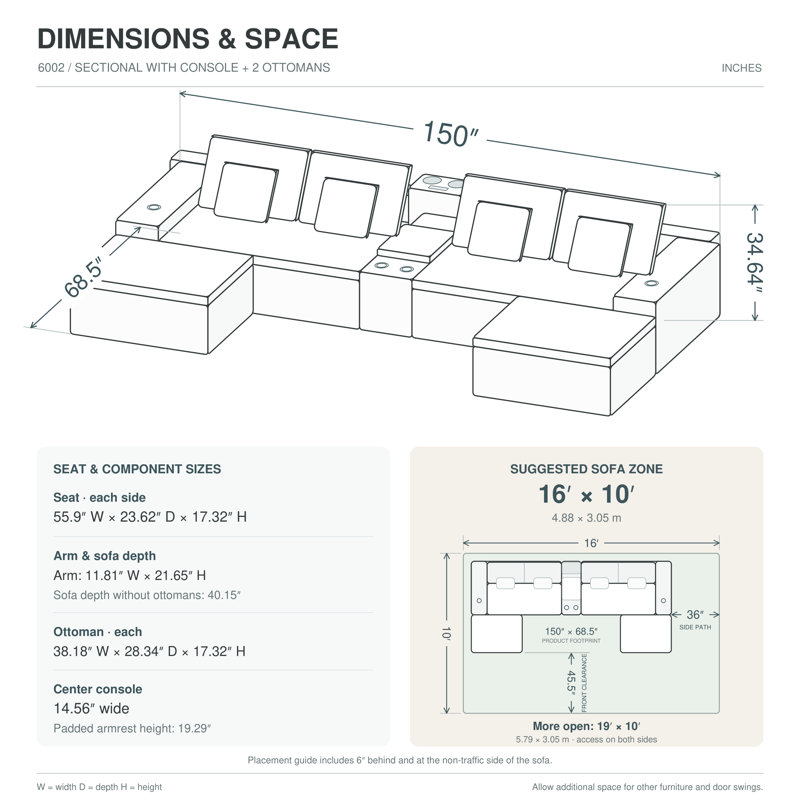 Canapé modulaire en U surdimensionné en velours côtelé de 150 po avec 2 repose-pieds Lazar, console multifonctionnelle avec haut-parleurs USB et Bluetooth, canapé nuage 6 places à assise profonde