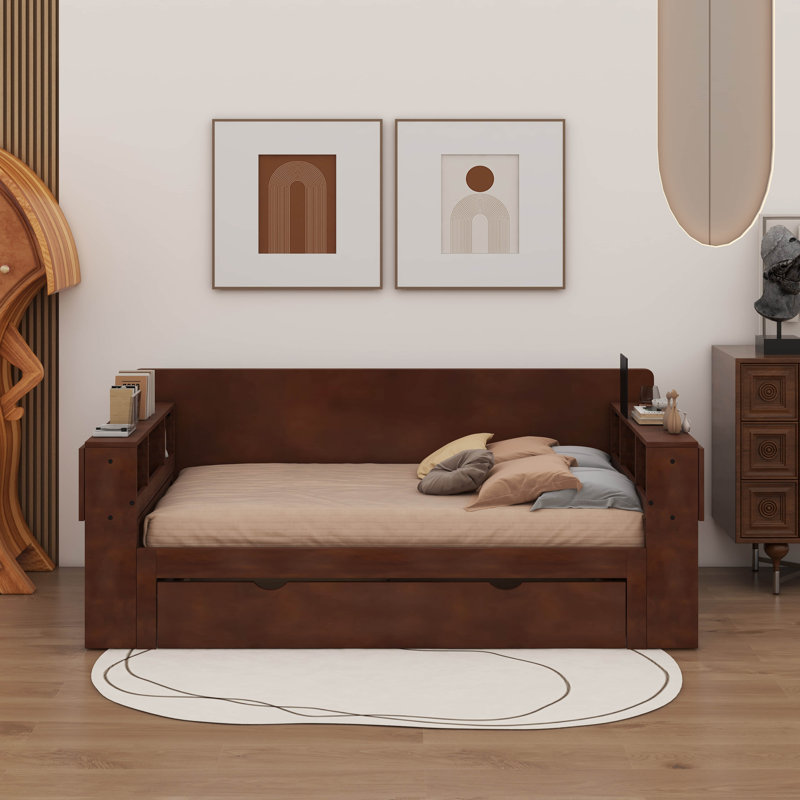Lit de jour double avec bureau amovible, tiroirs de rangement et table d'appoint hydraulique, Double, Espresso